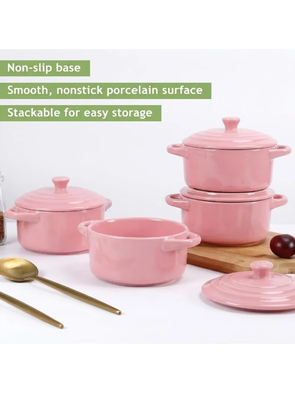 4-Piece Mini Cocotte Set - 16 oz Individual Baking Ramekins in Pink - Perfect